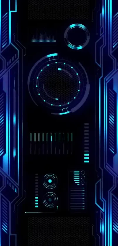 Futuristic digital wallpaper with neon blue hues and tech patterns.