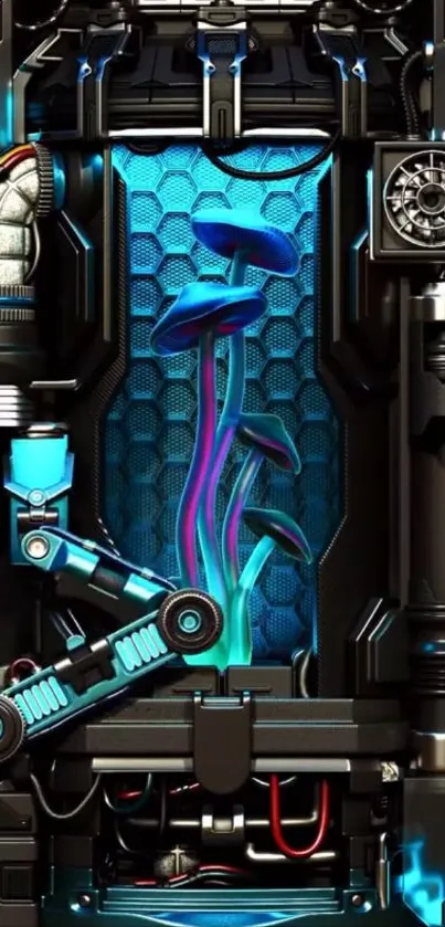 Futuristic mobile wallpaper with tech-botanical design.