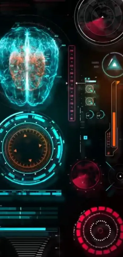 Futuristic digital interface with brain and tech elements.