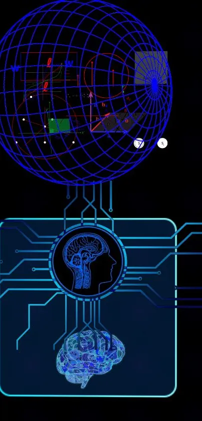 Futuristic digital brain with neon circuitry on a dark blue background.