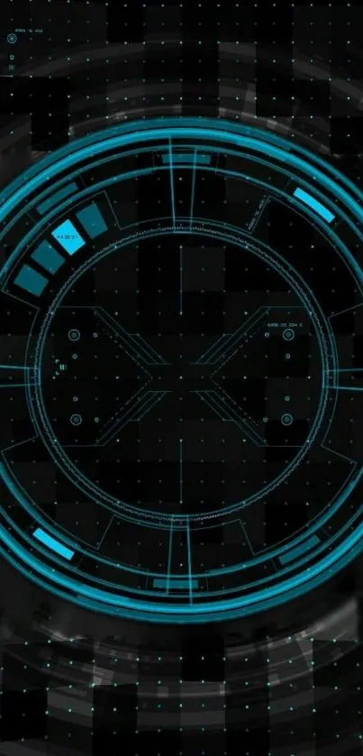 Futuristic blue tech circle on black wallpaper.