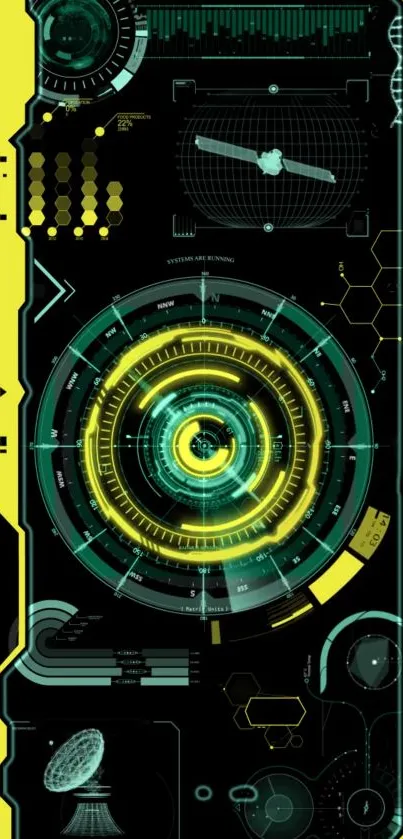 Futuristic tech circle wallpaper with neon yellow accents.