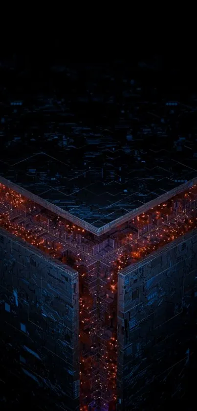 Futuristic tech circuit art with glowing patterns and dark tones.