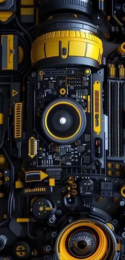 Futuristic tech circuit design with yellow gears.