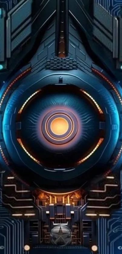 Futuristic circuitry design with blue and orange accents.