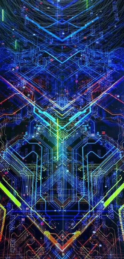 Futuristic neon circuit design wallpaper with vibrant colors on a dark background.