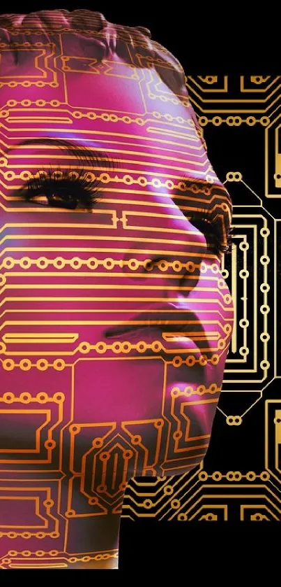 Futuristic digital faces with circuit patterns on a black background.