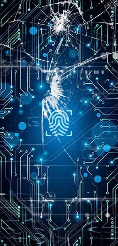 Futuristic circuit wallpaper with blue fingerprint scanner.