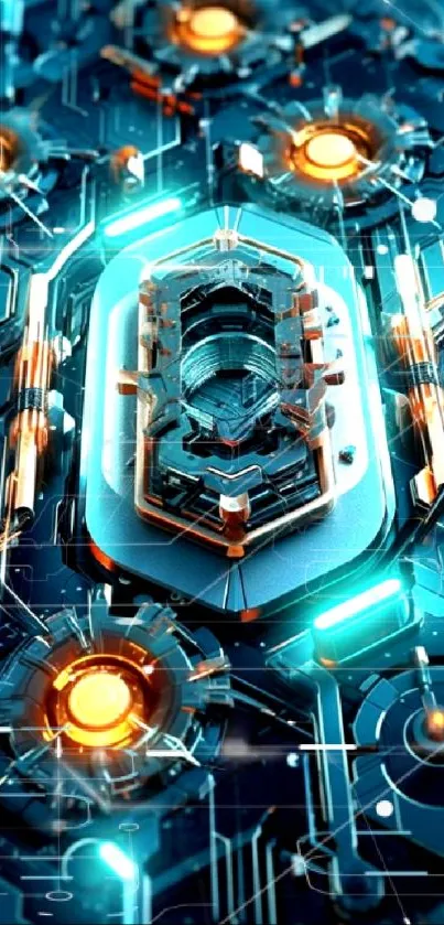 Futuristic circuit board wallpaper with blue and orange hues.