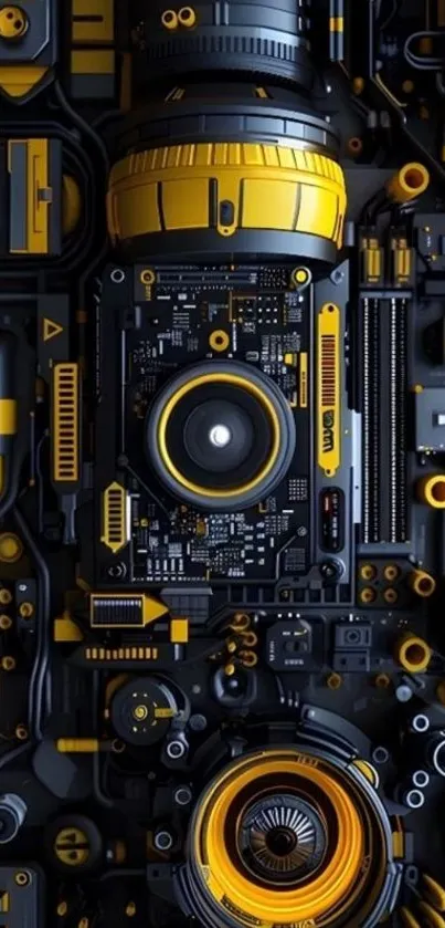 Futuristic circuit design with black and yellow details.