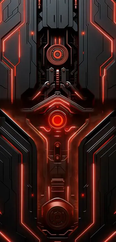 Futuristic black and red tech circuit wallpaper.