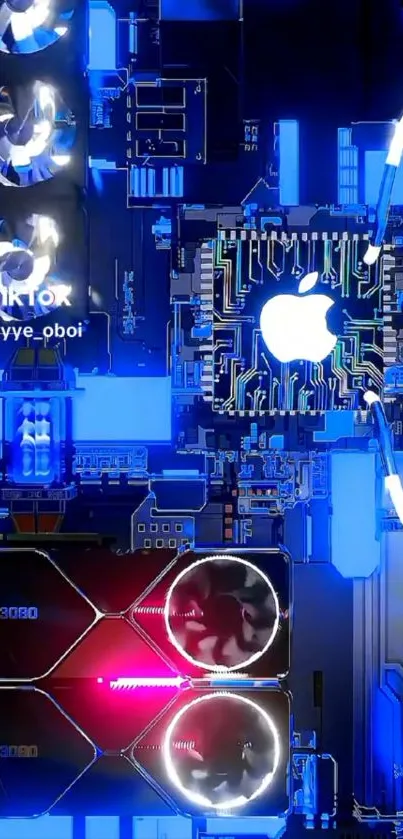 Futuristic tech circuit board wallpaper in neon blue.