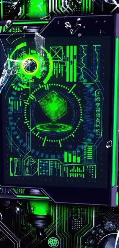 Futuristic circuit wallpaper with green tech display.