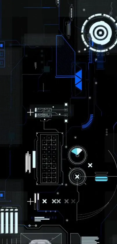 Futuristic tech circuit design wallpaper in black and blue.