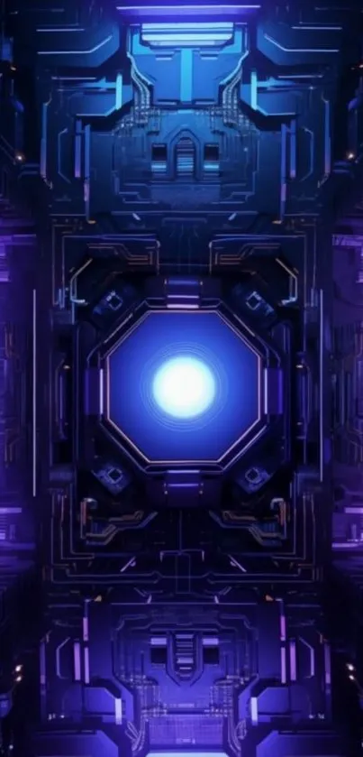 Futuristic digital circuit board wallpaper in blue and purple.