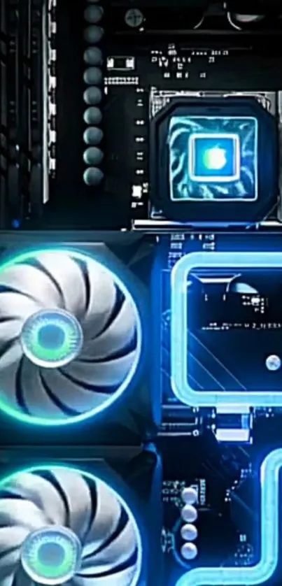 Futuristic tech circuit board wallpaper with neon blue elements.