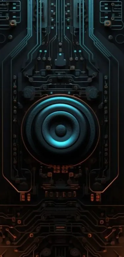 Futuristic tech circuit board wallpaper with glowing elements.