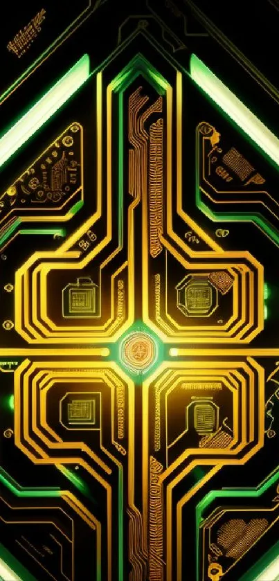 Futuristic tech circuit wallpaper with glowing green and yellow lines.