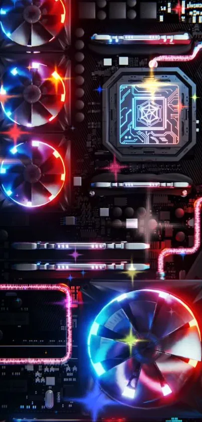 Futuristic circuit wallpaper with glowing LED lights and colorful patterns.