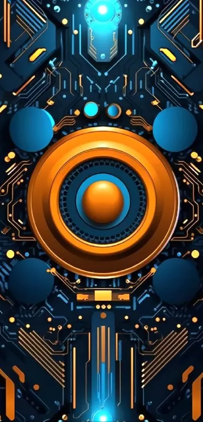 Futuristic circuit design with glowing blue and orange on a mobile wallpaper.