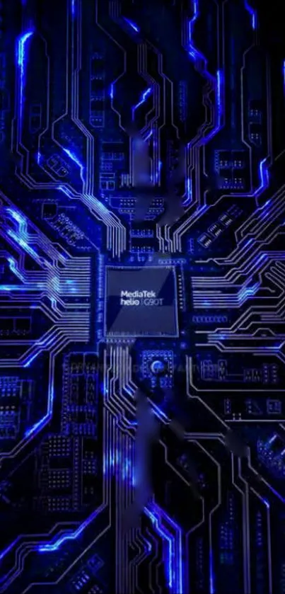 Glowing blue circuit board wallpaper for mobile devices.