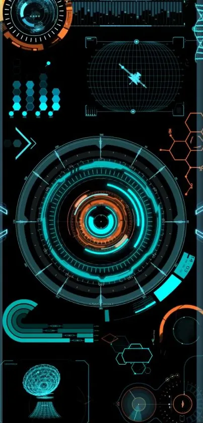 Dynamic neon tech wallpaper with circuit patterns in blue and orange.