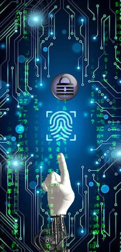 Futuristic tech wallpaper with robotic hand and digital circuits.