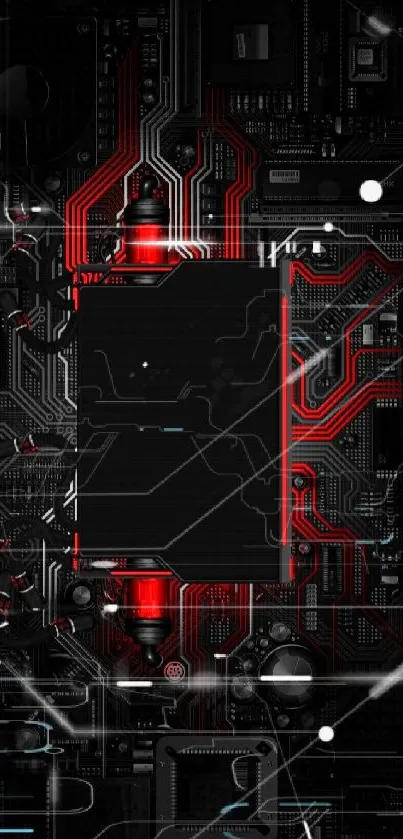 Futuristic tech circuit wallpaper with red accents on black background.