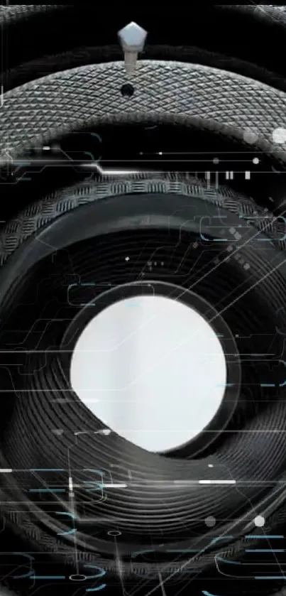 Futuristic tech circuit wallpaper with black and metallic rings.