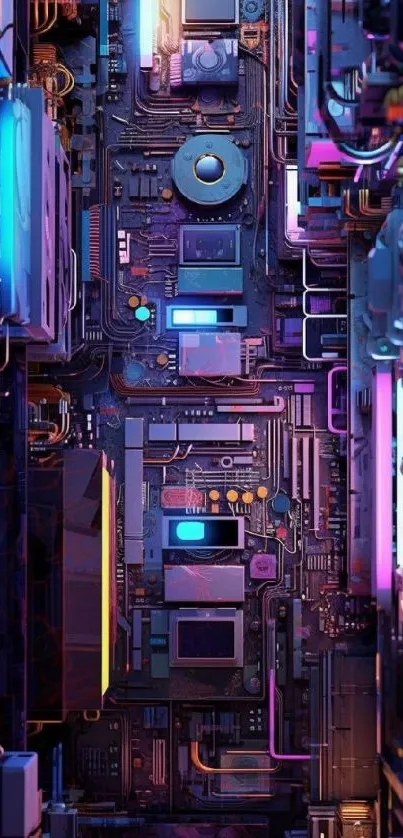 Futuristic circuit board wallpaper with neon highlights.