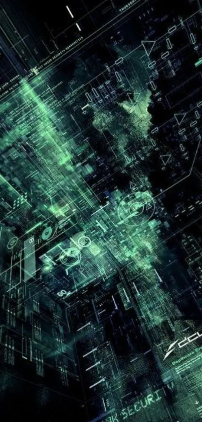 Futuristic circuit tech design wallpaper with dark and luminous green elements.