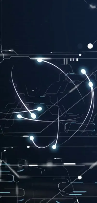 Futuristic dark blue circuit wallpaper with glowing nodes and lines.