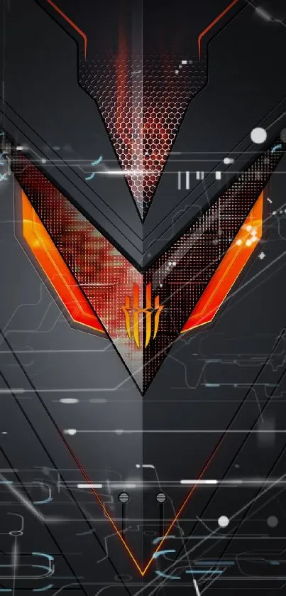 Futuristic black and orange circuit-themed mobile wallpaper.