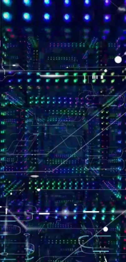 Futuristic tech circuit board wallpaper with vibrant neon lights.