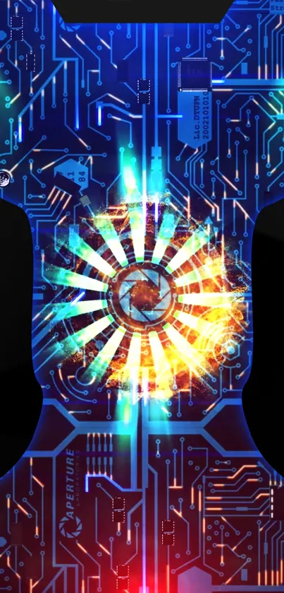 Futuristic mobile wallpaper with a tech circuit design in blue and orange hues.