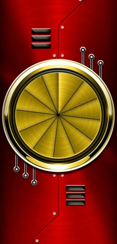 Futuristic red and gold circular tech wallpaper.