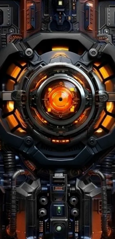 Futuristic tech core with orange glow.