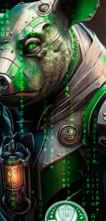 Futuristic cyberpunk pig with green matrix code.