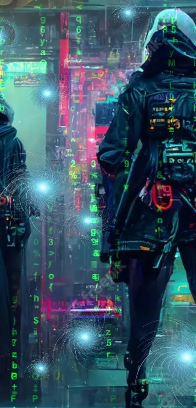 Futuristic cyberpunk wallpaper with neon lights and digital effects.