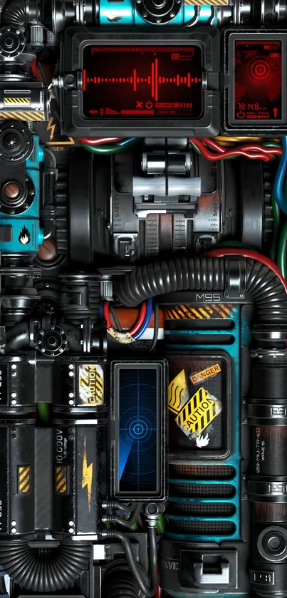 Intricate cyberpunk tech wallpaper with vibrant circuitry.