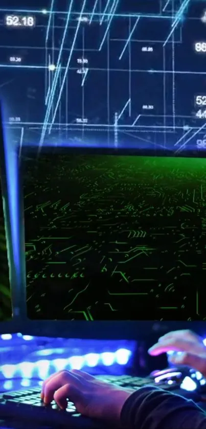 Futuristic tech wallpaper featuring digital screens and glowing code.