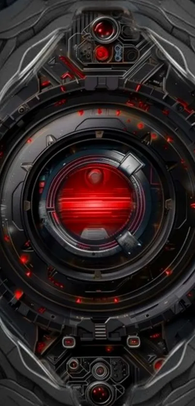 Futuristic mechanical eye with red highlights.