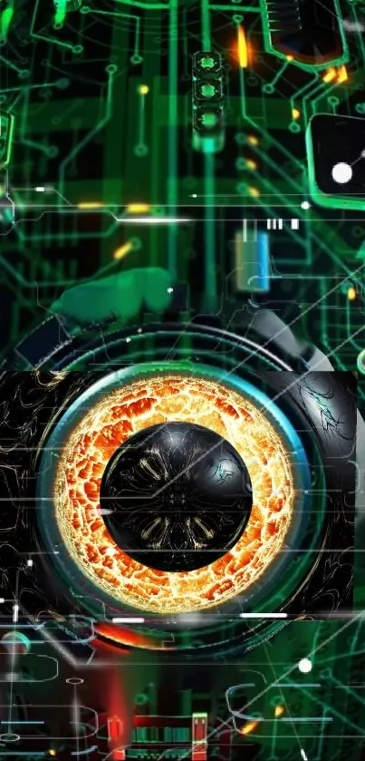 Futuristic wallpaper with a fiery robotic eye and digital circuitry.