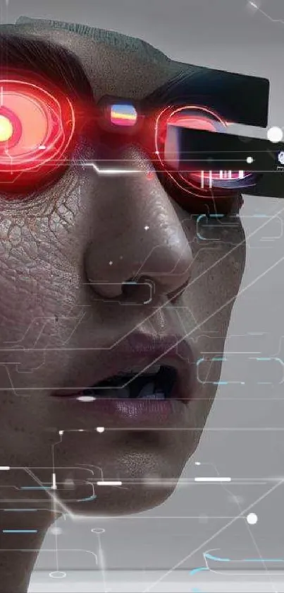 Futuristic face with glowing red tech eyes in a gray-themed mobile wallpaper.