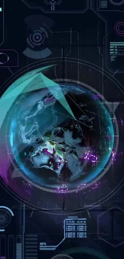 Futuristic tech design with digital globe and graphics.