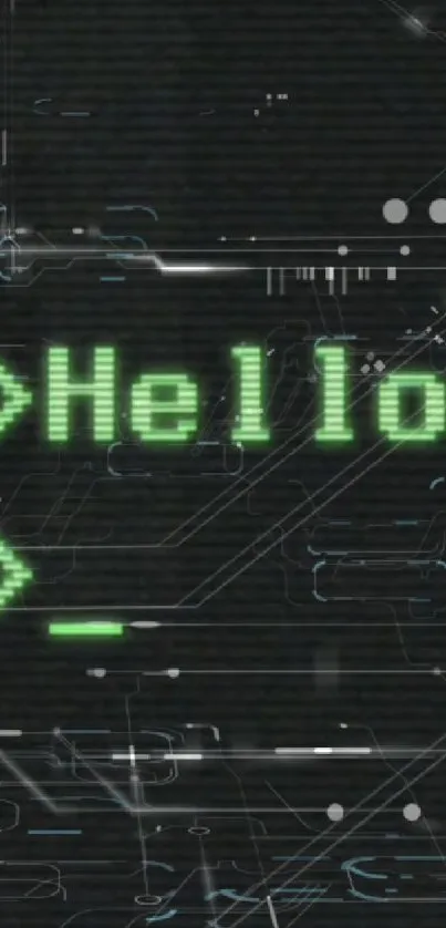 Futuristic tech wallpaper with glowing 'Hello' on dark background.