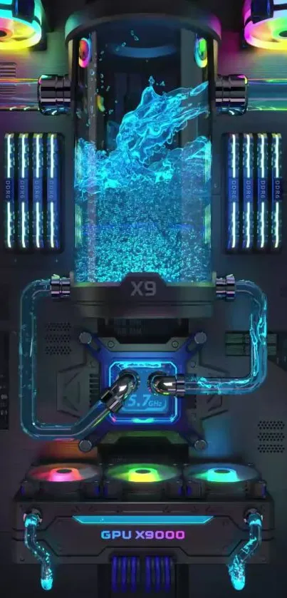 Futuristic GPU featuring neon blue and colorful lights.