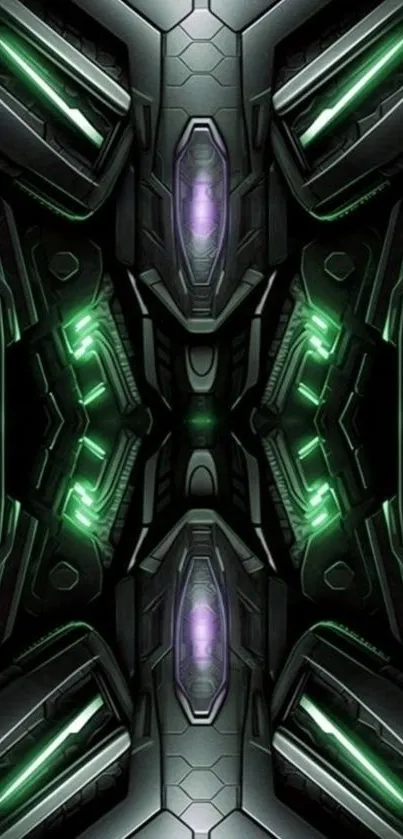 Futuristic geometrical tech wallpaper in dark green with glowing accents