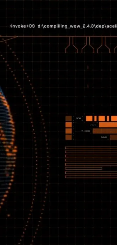 Futuristic tech grid with neon orange detailing on a dark background.