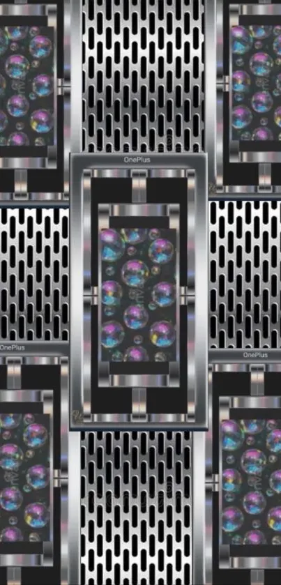 Futuristic metallic grid wallpaper with colorful orbs.